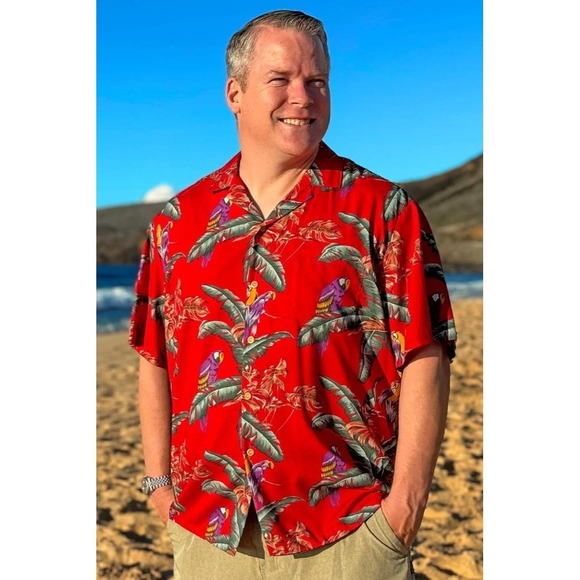 Paradise Found Cotton Jungle Bird Hawaiian Made Button Down Shirt Mens Sz Large - Picture 1 of 8